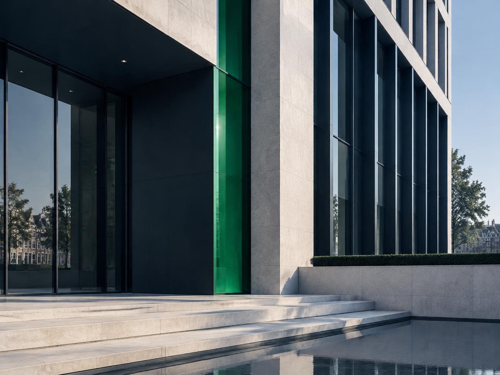 Contemporary European architecture with a precise green structural detail